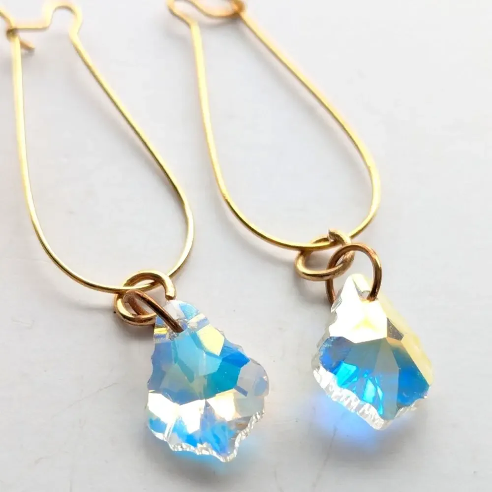 Iridescent Fire Aurora Borealis Crystal Teardrop Gold Tone Threader Earrings